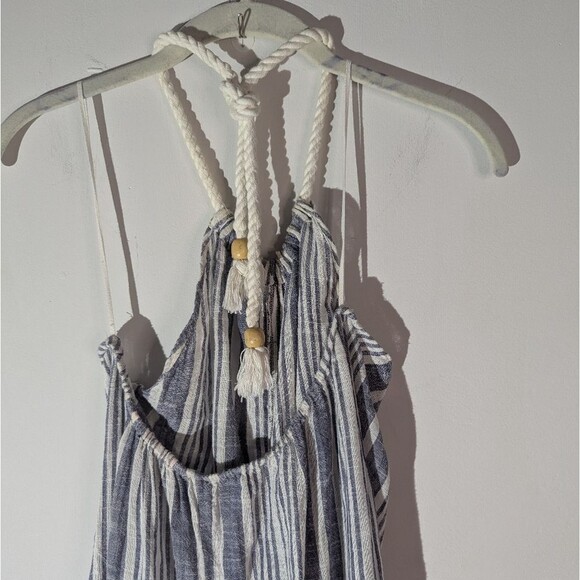 Aerie Blue Linen Blend Striped Halter Fringe Beachy Dress Size S/XS - Picture 5 of 6